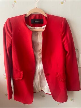 Zara Red Collarless Blazer with Ruffle Pocket Detail